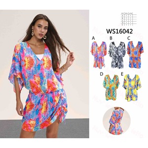HDJ Traje de baño con mangas de murciélago multicolor, cuello en V, cordón ajustable, minivestido holgado, ropa de playa para mujer, tallas M, L, XL - Product Image 1