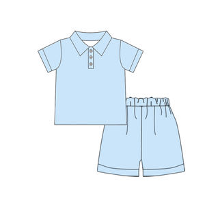 Conjunto de Ropa de Verano para Bebé Niño, Diseño Personalizado BSSO1981, Color Azul Sólido con Estampado, Venta al Por Mayor - Product Image 1