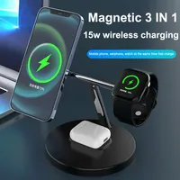 Chargeur sans fil magnétique 3-en-1 30W à charge rapide avec support de bureau pour iPhone 15 14 Pro Max, écouteurs, Apple Watch et ordinateur portable