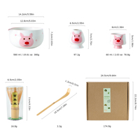 Le service à thé Matcha peint à la main de dessin animé rose cochon comprend une cuillère à fouet en bambou et un bol en céramique pour le café et le thé