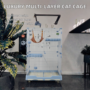 Cage de transport double de luxe pour chats, style classique, en métal et bois, avec plateau en plastique à motif solide et fermeture à bouton - Product Image 3