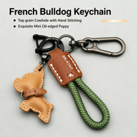 Porte-clés de voiture en cuir véritable fait main pour chiot bouledogue français, cordon anti-perte en corde tressée, emballé individuellement, moderne et simple