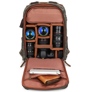 Sac à dos pour <span class=keywords><strong>appareil</strong></span> <span class=keywords><strong>photo</strong></span> et ordinateur portable en toile cirée et <span class=keywords><strong>cuir</strong></span> véritable, grande capacité, sac de voyage pour la photographie DSLR, déplacements quotidiens - Product Image 6