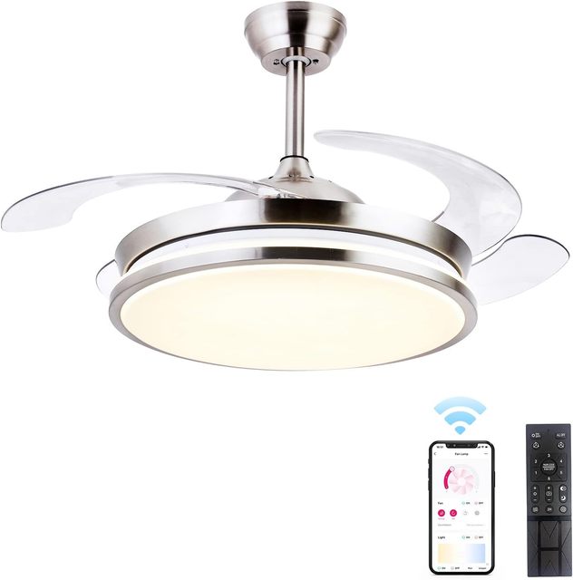 Retractable Ceiling Fans with Lights Modern Low Profile Bladeless LED Ceiling Fan Lights with Remote Control Smart Brushed Fan