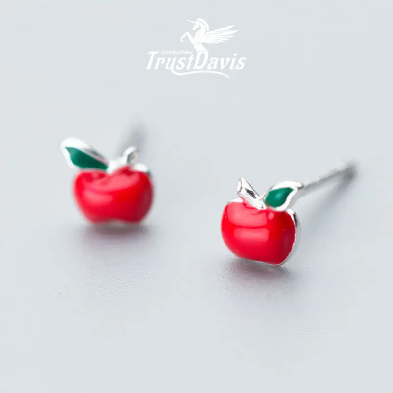 TrustDavis Real 925 Sterling Silver Fruit Apple Mini Charms Stud Earrings Jewellery For Women Girls Sweet Fashion Jewelry F163