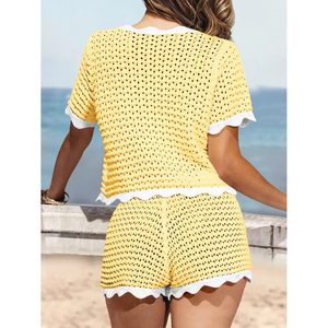 Ensemble de plage d'été 2 pièces pour femme : Cache-maillot en crochet à manches courtes et short à nouer sur le devant - Product Image 3