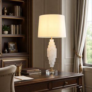 Lampada da Comodino Moderna in <span class=keywords><strong>Cristallo</strong></span> di Selenite Naturale Traslucido a Più Livelli con <span class=keywords><strong>Paralume</strong></span> in Tessuto per Camera da Letto e Soggiorno - Product Image 6