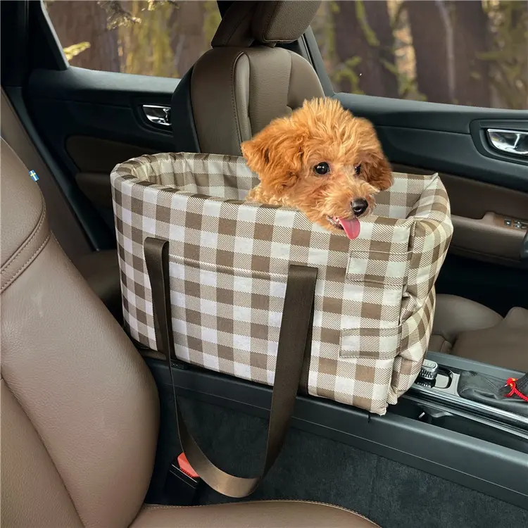 GeerDuo Detachable Deluxe Portable Semi-Round Brown Plaid Waterproof Pet Car Central Console Armrest Booster Seat For Dogs Cats