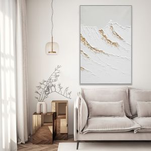 Pintura al óleo texturizada 3D pintada a mano impresionista moderna, picos blancos con acentos dorados, paisaje de montaña para decoración del hogar - Product Image 2
