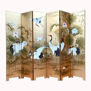 Biombo Plegable de Madera Chino, Decoración de Pared para Sala de Estar con Diseño de Grulla y Loto en el Fondo, Pintado a Mano con Lámina Dorada - Product Image 3