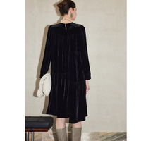 Robe de luxe en velours de soie de mûrier 100% pour femme, élégante, vintage, col rond, taille haute, coupe trapèze, longueur midi, Hiver 2026