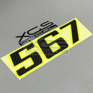 Autocollants décoratifs pour <span class=keywords><strong>moto</strong></span> et voiture en fibre de carbone noir avec bord jaune fluorescent, numéros numériques personnalisés - Product Image 5
