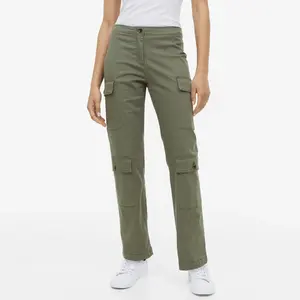 Mode Lente Medium Taille Rechte Pijpen Lange Broek Vrouwen Custom Slim Fit Katoenen Twill Cargo Broek