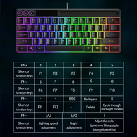 Nouveau clavier de jeu ergonomique USB optique OEM, 64 touches, compact, mini, filaire, rétroéclairage LED RVB pour PC de bureau gamer