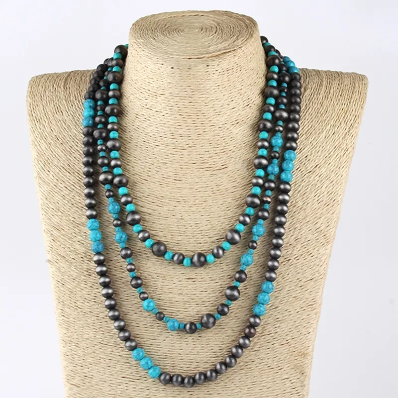 Vintage Women Jewelry 3 Layer Gray Drawing Navajo Pearl Necklace Turquoise Beads Necklaces