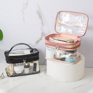 Mini organisateur de maquillage Sac en PVC <span class=keywords><strong>Portable</strong></span> Transparent Étanche avec fermeture éclair <span class=keywords><strong>Pochette</strong></span> de transport avec poches externes Sangle d'épaule pour femme - Product Image 4