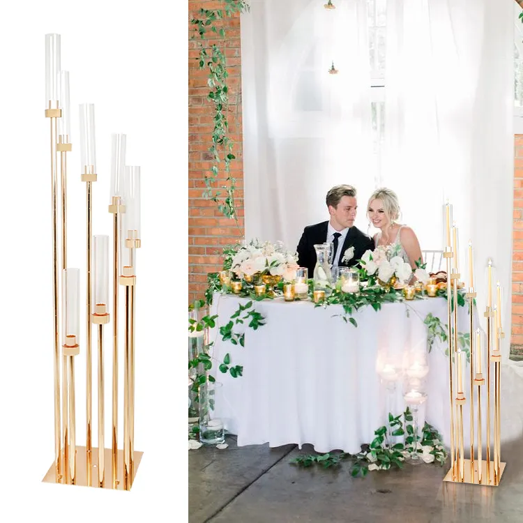 Novo suporte de velas de metal, venda quente de velas para casamento, 8 braços, ouro, mesa de casamento, vidro acrílico, suporte de velas, castiçal