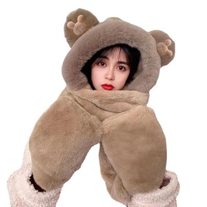 Winter <b>Bear</b> Hat Scarf Gloves Set Cartoon Plush Warm Neck Warmer Adult Three Piece Set Light Khaki - Product Image 5