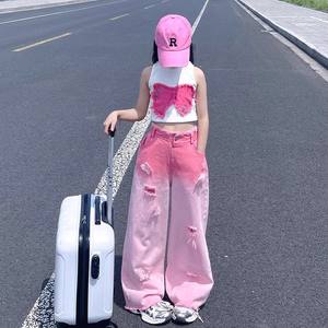 Kız Çocuk İki Parçalı Pamuklu Yırtık Degrade Kot Pantolon Yazlık Yeni Orta Boy Çocuk İnce Stil Modaya Uygun Bol Yüksek Bel Giyim Seti - Product Image 5