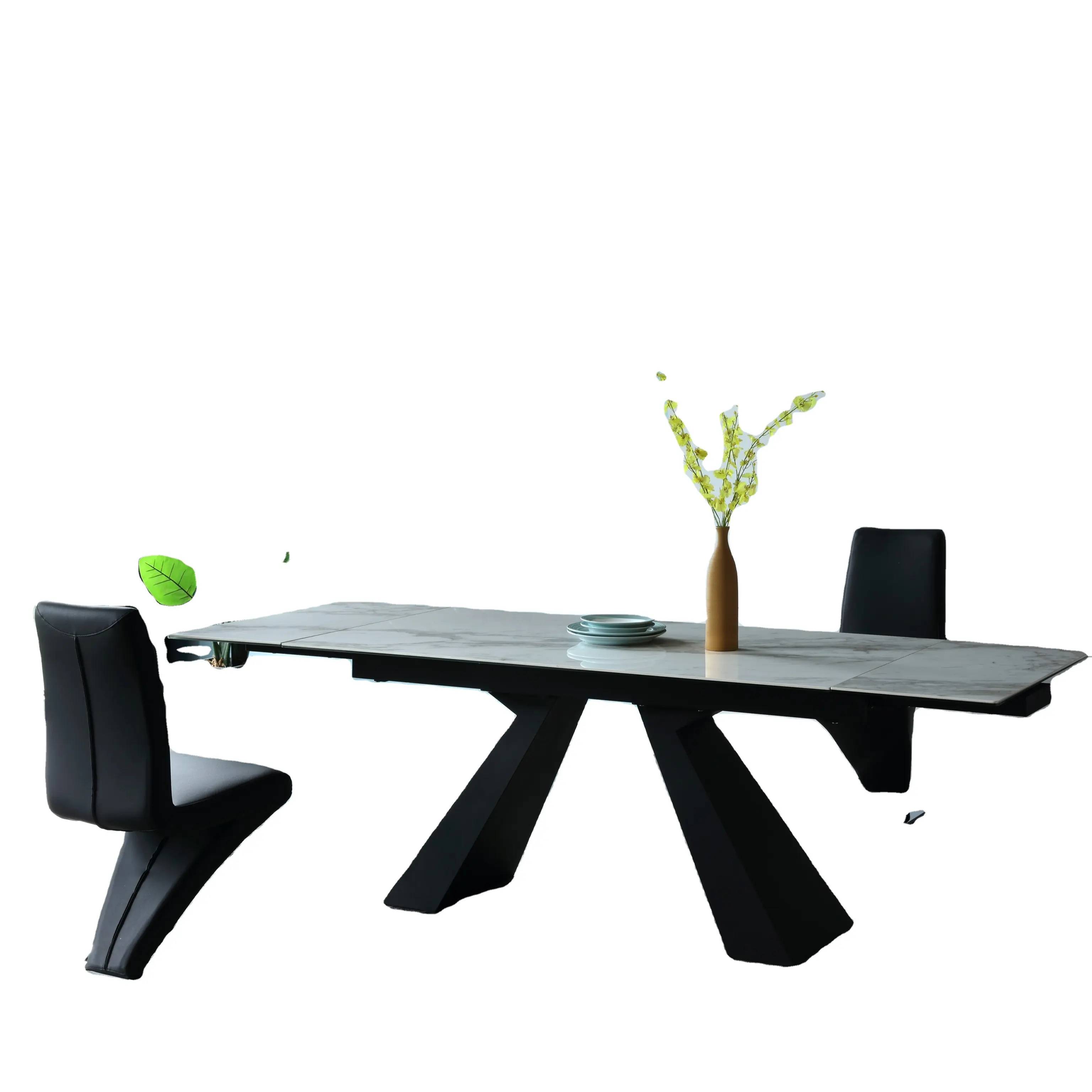 Juego de mesa de cena extensible con patas de metal y cerámica superior, muebles modernos de lujo, precio de fábrica