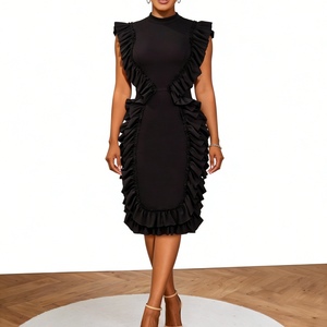 Robes midi noires à volants sans manches pour femmes - Robe de soirée élégante et formelle avec col montant et détail de volants superposés - Product Image 1