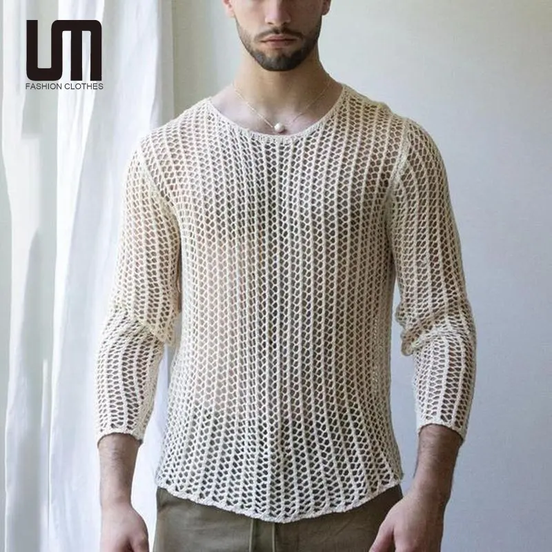 Liu Ming Popular Fashion 2024 Men Clothing Sexy Mesh Top See Through Long Sleeves Round Neck Hollow Out Knitted Shirt