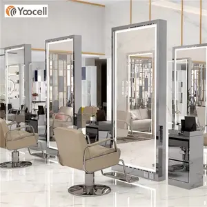 Elegant silver salon mirror station hairdressing salon styling station beauty mirror with led light