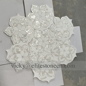 Mosaico <span class=keywords><strong>de</strong></span> Mármol Blanco <span class=keywords><strong>de</strong></span> Thassos con Incrustaciones <span class=keywords><strong>de</strong></span> Madreperla, Corte por Chorro <span class=keywords><strong>de</strong></span> Agua, Diseño Floral, para Decoración <span class=keywords><strong>de</strong></span> Paredes - Product Image 2