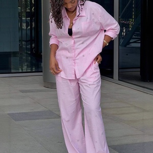 Women's Rhinestone Embellished 2 Piece Set - Long Sleeve Button <b>Down</b> Shirt & Wide Leg <b>Pants</b> Fashion - Product Image 2