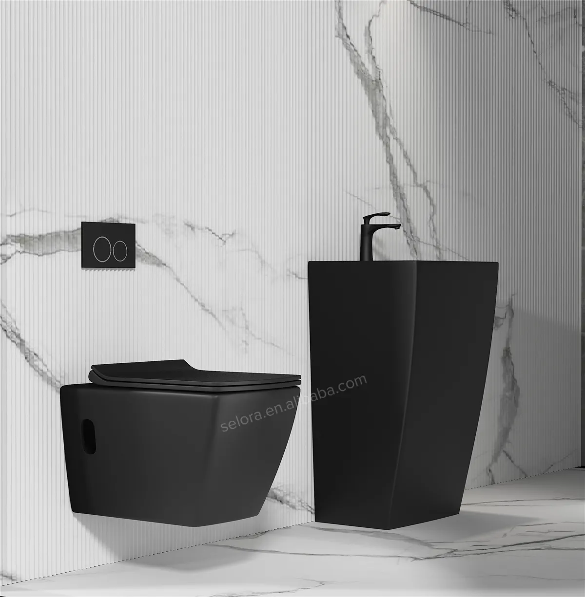 Elegante moderne Hotel Bad Sanitär keramik WC Sockel Becken Combo Keramik Wand hing mattschwarz Farbe Toilette und Waschbecken Set