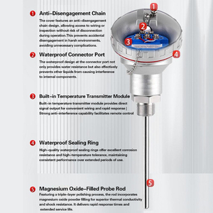 เครื่องส่งสัญญาณอุณหภูมิแบบรวมพร้อมเซ็นเซอร์อุณหภูมิสูง Pt100, เทอร์โมคัปเปิลแบบหุ้มเกราะชนิด <span class=keywords><strong>K</strong></span> และหัววัดความต้านทาน - Product Image 4