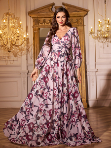 <span class=keywords><strong>Robe</strong></span> longue en mousseline de soie à imprimé floral mauve pour femmes, col en V, manches longues lanternes, ourlet évasé, pour soirée formelle ou décontractée - Product Image 5
