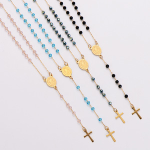 Collana Rosario Cristiana con Croce in Acciaio Inox Placcato Oro 18K e Perline di Cristallo Colorate, Stile <span class=keywords><strong>San</strong></span> Benedetto - Product Image 3