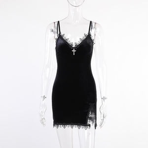 Mini <span class=keywords><strong>Abito</strong></span> Gotico <span class=keywords><strong>Nero</strong></span> con Croce, Vintage Sexy con Spalline Sottili, Vita Alta e Spacco, Vestito da Festa e Club per Donne - Product Image 3