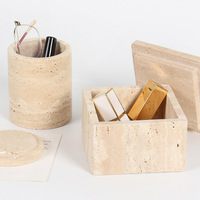 Boîte de rangement carrée en travertin style Wabi-Sabi HZX avec couvercle, motif végétal, format printemps, pour porche ou commode de salle de bain