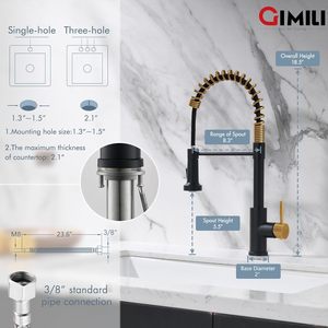 Grifo de Cocina <span class=keywords><strong>GIMILI</strong></span> Negro y Dorado con Rociador Extraíble, Giratorio 360°, Doble Función, de un Solo Orificio, de Acero Inoxidable, para Casas de Campo, Autocaravanas y Lavanderías - Product Image 2