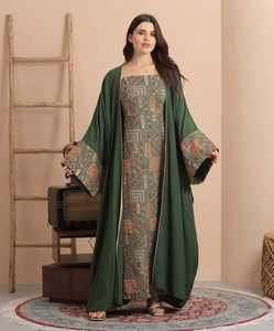 Nuevo Conjunto de Dos Piezas de Abaya Elegante con Bordado de Flores de Talla Grande, Manga Larga y Largo hasta el Tobillo, con Turbantes para Mujeres Musulmanas - Product Image 1