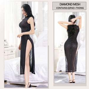 Lencería Sexy, <span class=keywords><strong>Cheongsam</strong></span> Chino para Mujer, Abertura Alta, Seda Negra, Estampado <span class=keywords><strong>de</strong></span> Lunares, Transparente, Vestido Qipao <span class=keywords><strong>de</strong></span> Malla, Camisón para el Hogar 6430 - Product Image 3