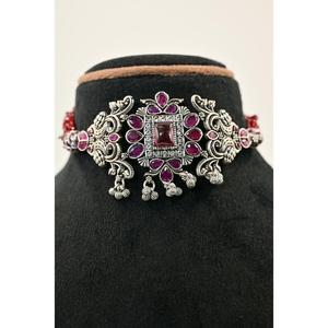 Vintage <b>Silver</b> Oxidised Flower <b>Choker</b> Necklace Red Beads Cubic Zirconia Daily Luxury Gift for Women's Wedding Jewelry Manish - Product Image 2