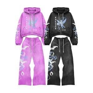 100% Cotton Heat-Transfer Printed Hip Hop Regular Fit Knit Sweatwear Women 2-Piece Tracksuits Set Wide <b>Leg</b> Drawstring Sweatpants - Product Image 1