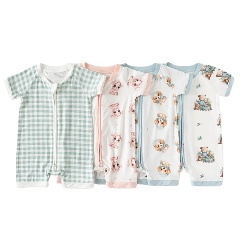 Macacão de bebê unissex com zíper para crianças, roupa infantil de cor lisa com estampa personalizada, pijama curto ecologicamente correto para o verão