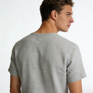 <span class=keywords><strong>T</strong></span>-shirt casual da uomo girocollo grigio chiaro in lino tinta unita, vestibilità comoda, traspirante, ecologica, leggera, per tutti i giorni - Product Image 4