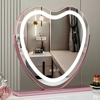 Miroir cosmétique de bureau autoportant en métal et verre en forme de cœur avec écran LED, interrupteur tactile, grossissant et éclairé, personnalisable
