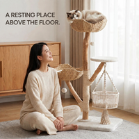Arbre à chat bohème avec panier suspendu en macramé, lits tissés à la main, zone de grattage en branches de bois naturel et corde, matériaux personnalisés ODM