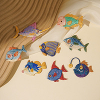 Patch thermocollant brodé en tissu motif poisson de dessin animé marin avec fil à broder pour vêtements d'enfants et décoration intérieure, réparation de taches
