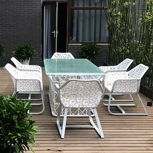 French style wholesale outdoor rattan dining chairs furniture set garden plastic chair table 6 seater