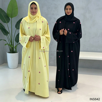 Ensemble Abaya ouverte brodée de fleurs jaunes avec hijab - Robe Abaya musulmane islamique modeste 3 pièces pour femmes, pour le quotidien et l'Aïd