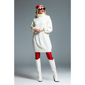 Abito Oversize in Maglia a Coste con Collo Alto in Crema - Product Image 3