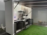Ensemble de cuisine BBQ extérieur multifonctionnel moderne en acier inoxydable laqué et granit, résistant aux intempéries, avec évier, crédence, robinet et tiroir à charnières