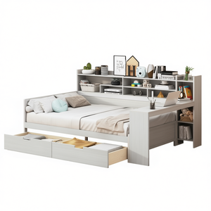 Cama de día de tamaño completo con estantes de almacenamiento y escritorio, dos cajones, muebles modernos para dormitorio, cama de madera estilo blanco antiguo - Product Image 1
